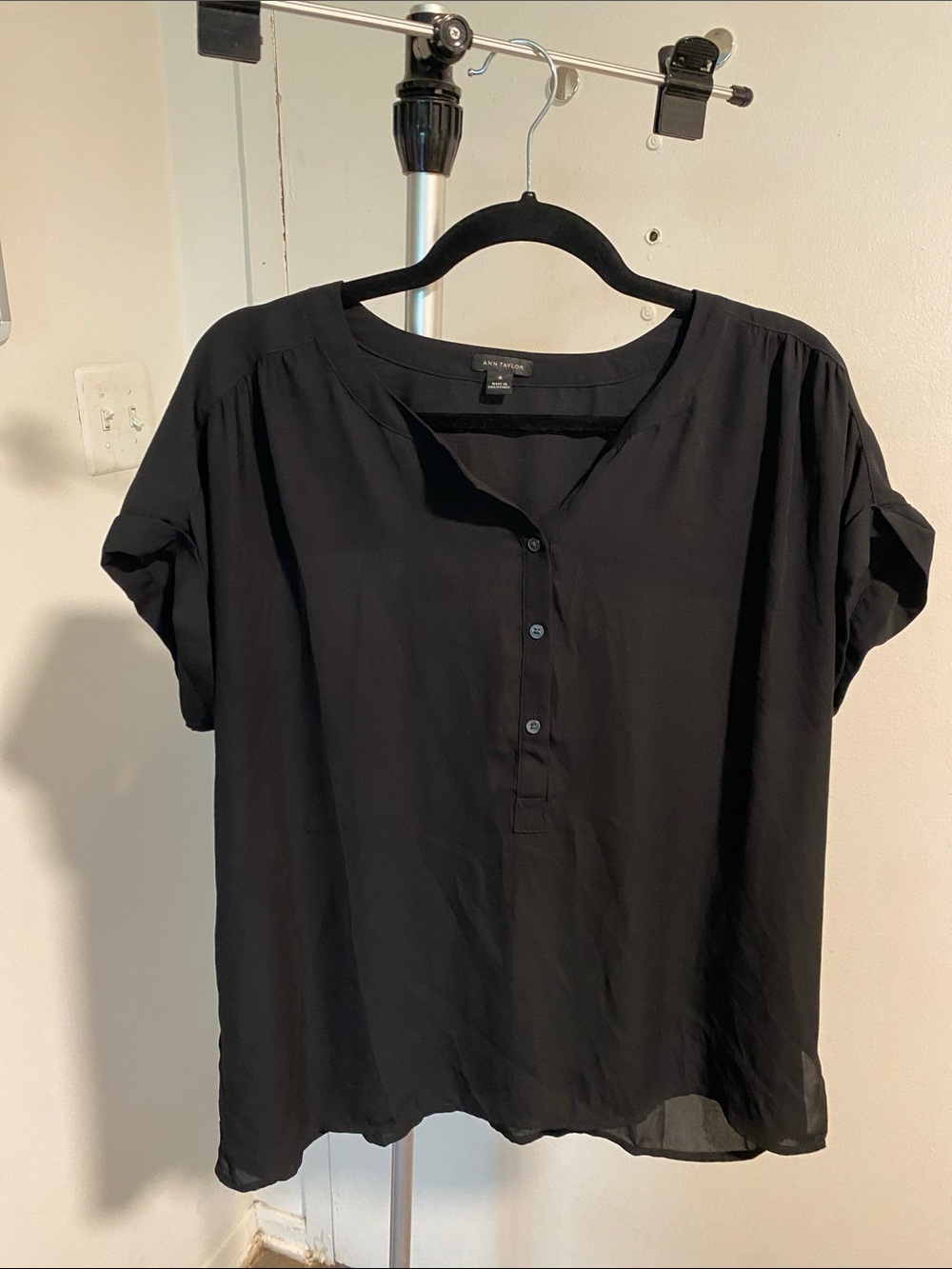 Ann Taylor Black Short-Sleeve Henley Blouse